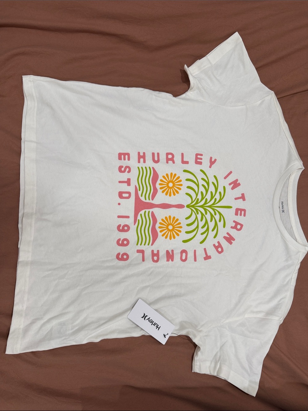 Hurley White Tee with Pink, Green, and Yellow Graphic